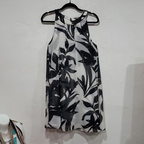Vince Camuto Black & White Floral Dress with Sheer Sheath Overlay Size 12 - Picture 2 of 16